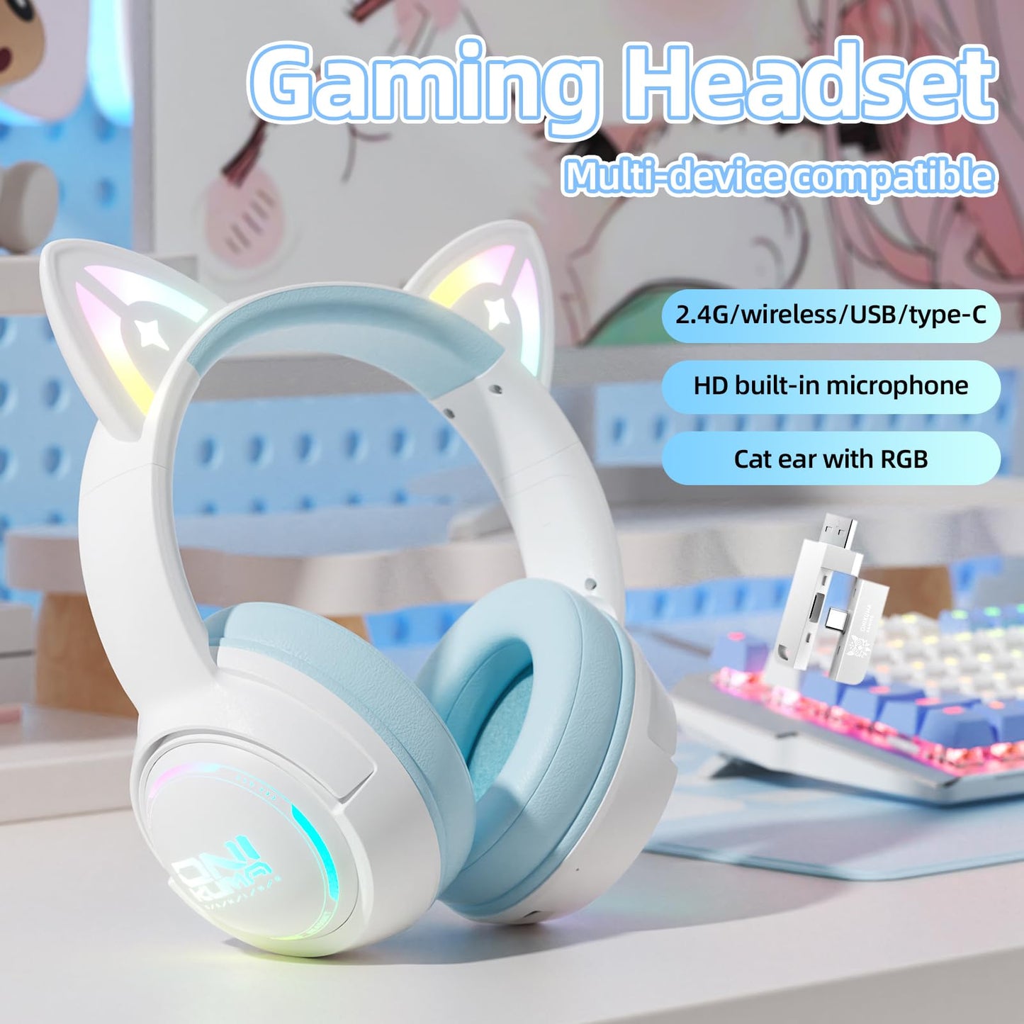 Lyivs Wireless Cat Ear Gaming Headset with RGB Lights - Tri-Mode (2.4G Wireless/Bluetooth/Wired) Over-Ear Headphones with Mic, 50mm Drivers, Low