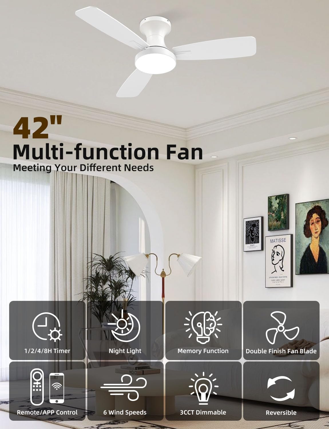 Homlit 42 inch Smart Ceiling Fan with Light, Low Profile Flush Mount with Remote Control, Ultra-Quiet Reversible DC Motor, 3 Color Temperatures & 6