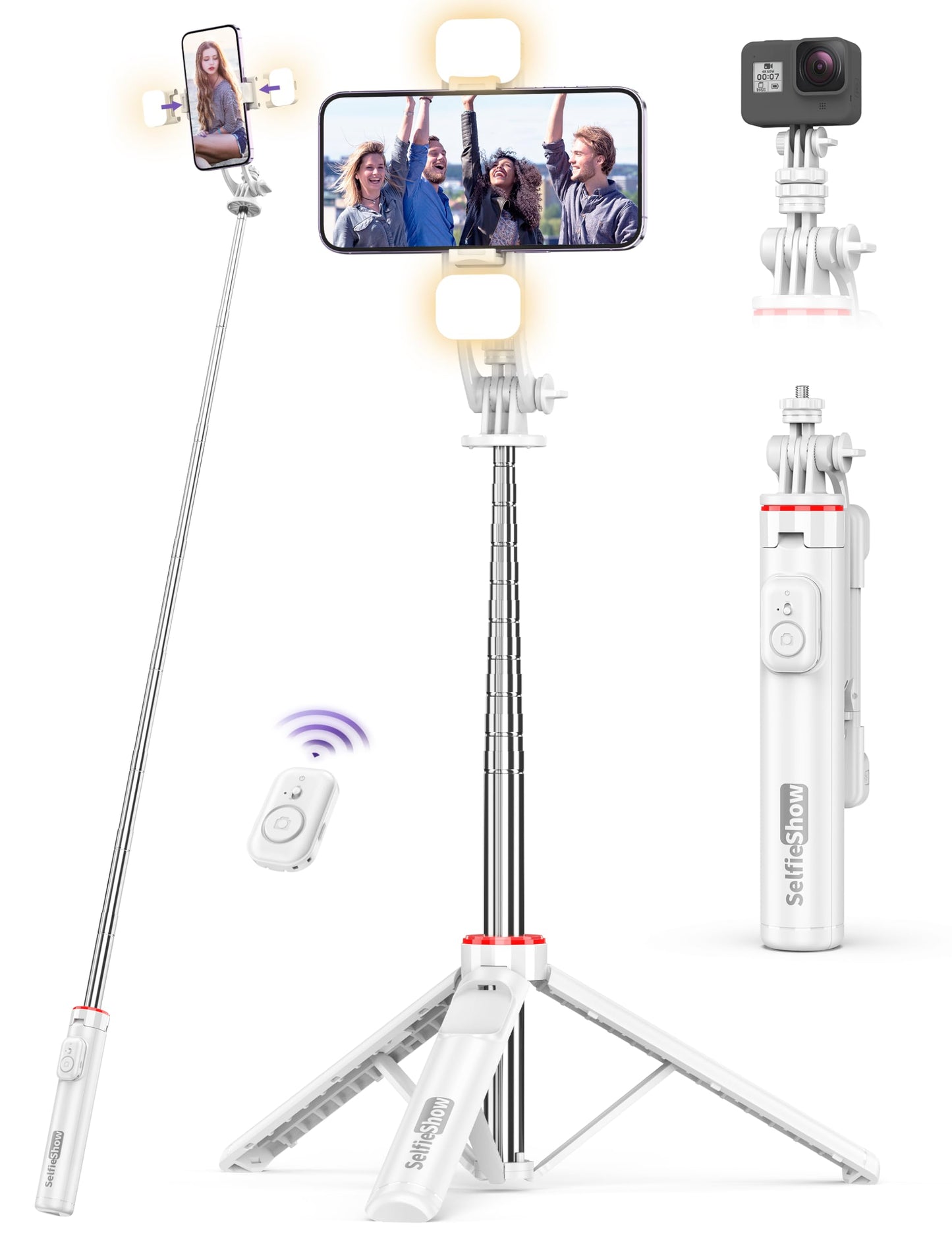 Selfie Stick Tripod with 2 Light, 3 Light Modes & 6 Brightness Levels Extendable Phone Tripod with Detachable Remote & Phone Holder, Portable Camera