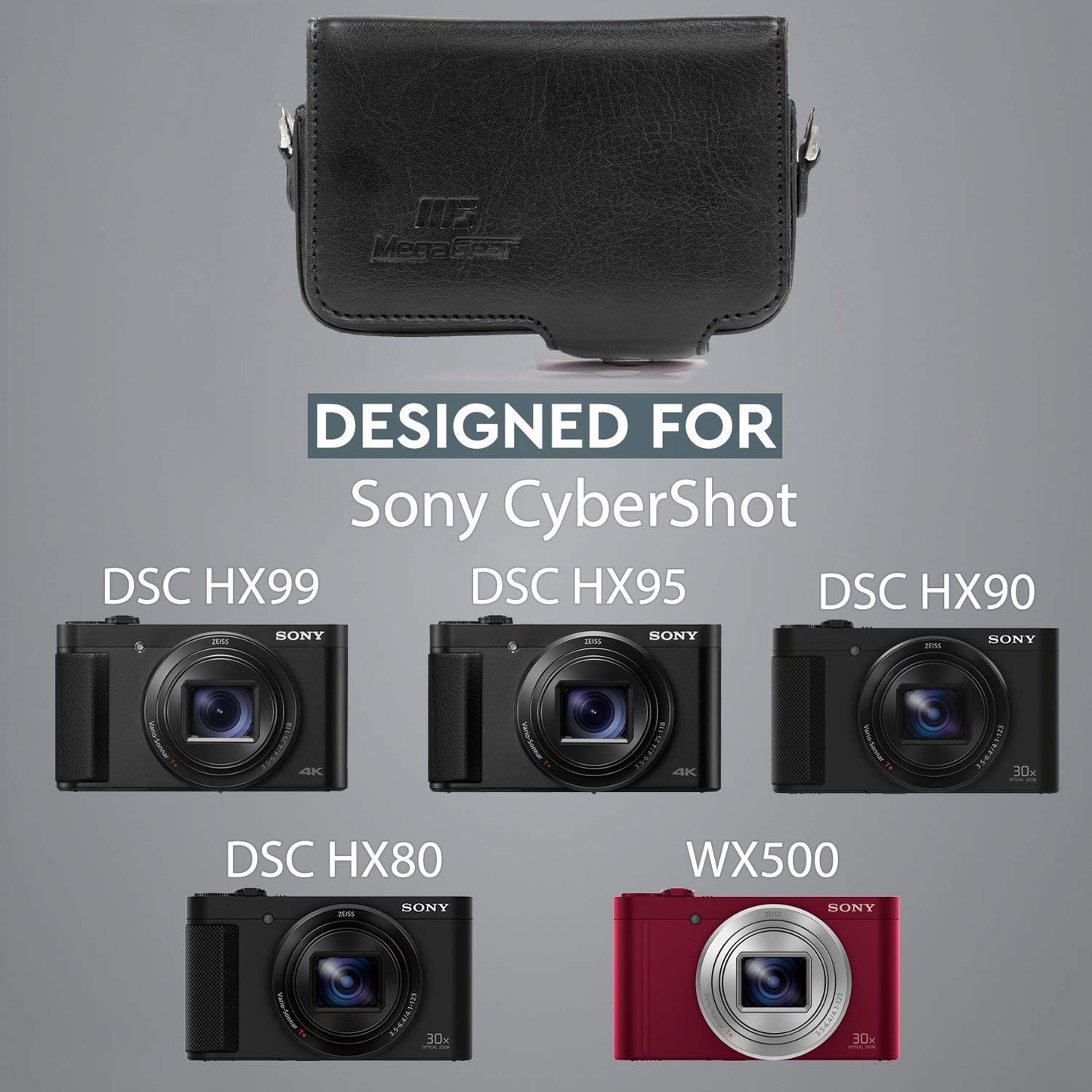 MegaGear MG885 Leather Camera Case with Strap compatible with Sony Cyber-shot DSC-HX95, DSC-HX99, DSC-HX80, DSC-HX90V, DSC-WX500 - Black