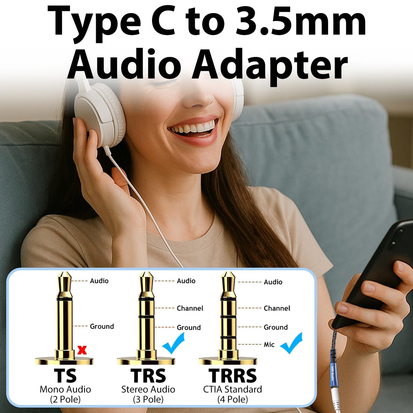 Cyberguys! USB C to 3.5mm Audio Adapter, Aux to USB C Headphone Jack Dongle w/Hi-Fi DAC Chip, in-Line Control & Mic Support Compatible with iPhone