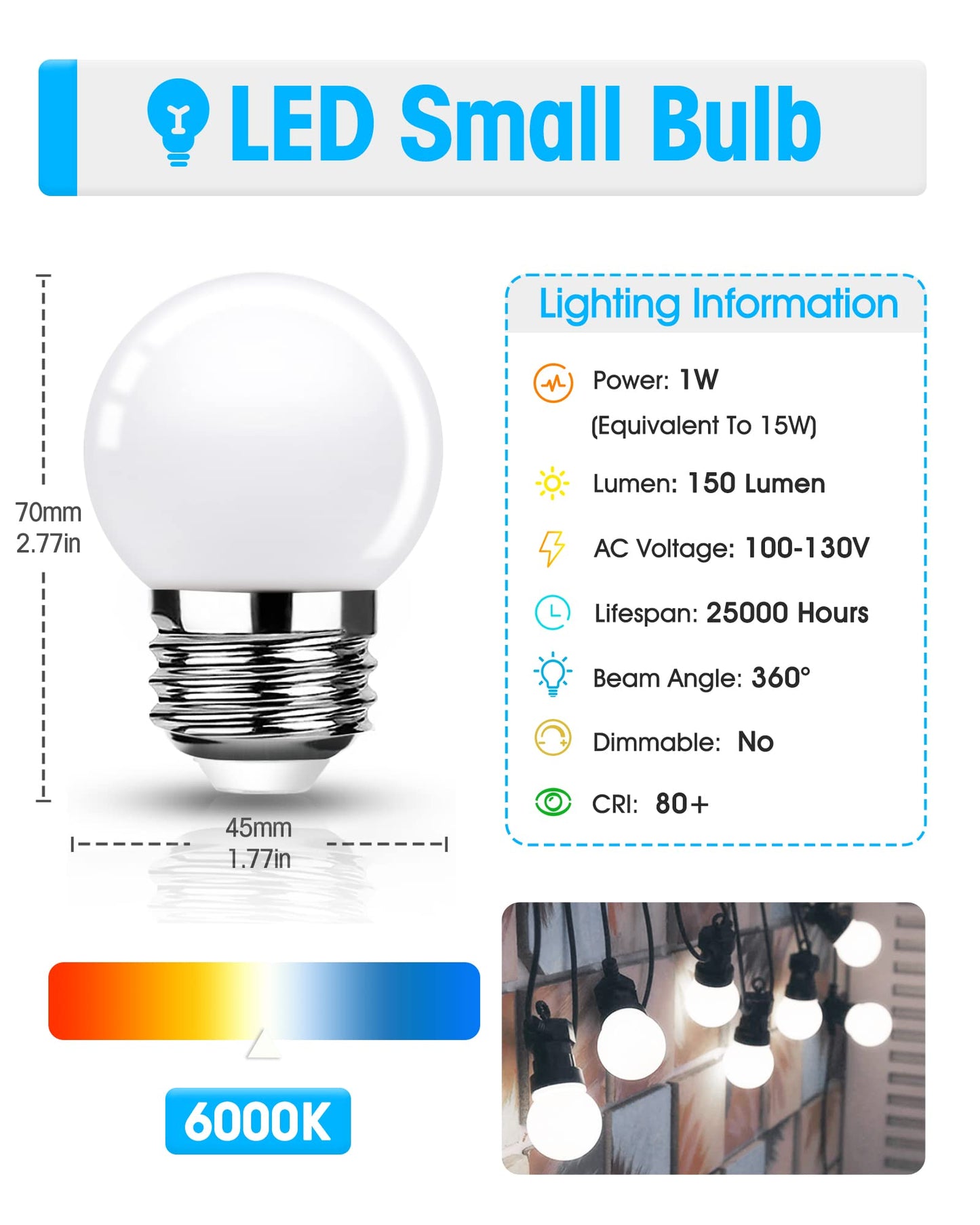 Baczao LED Vanity Globe Light Bulb, Small Globe Bulbs 15W Equivalent, 1W G14 LED E26 Base Bulbs, Cool White 6000K Small Low Watt for Bathroom Mirror