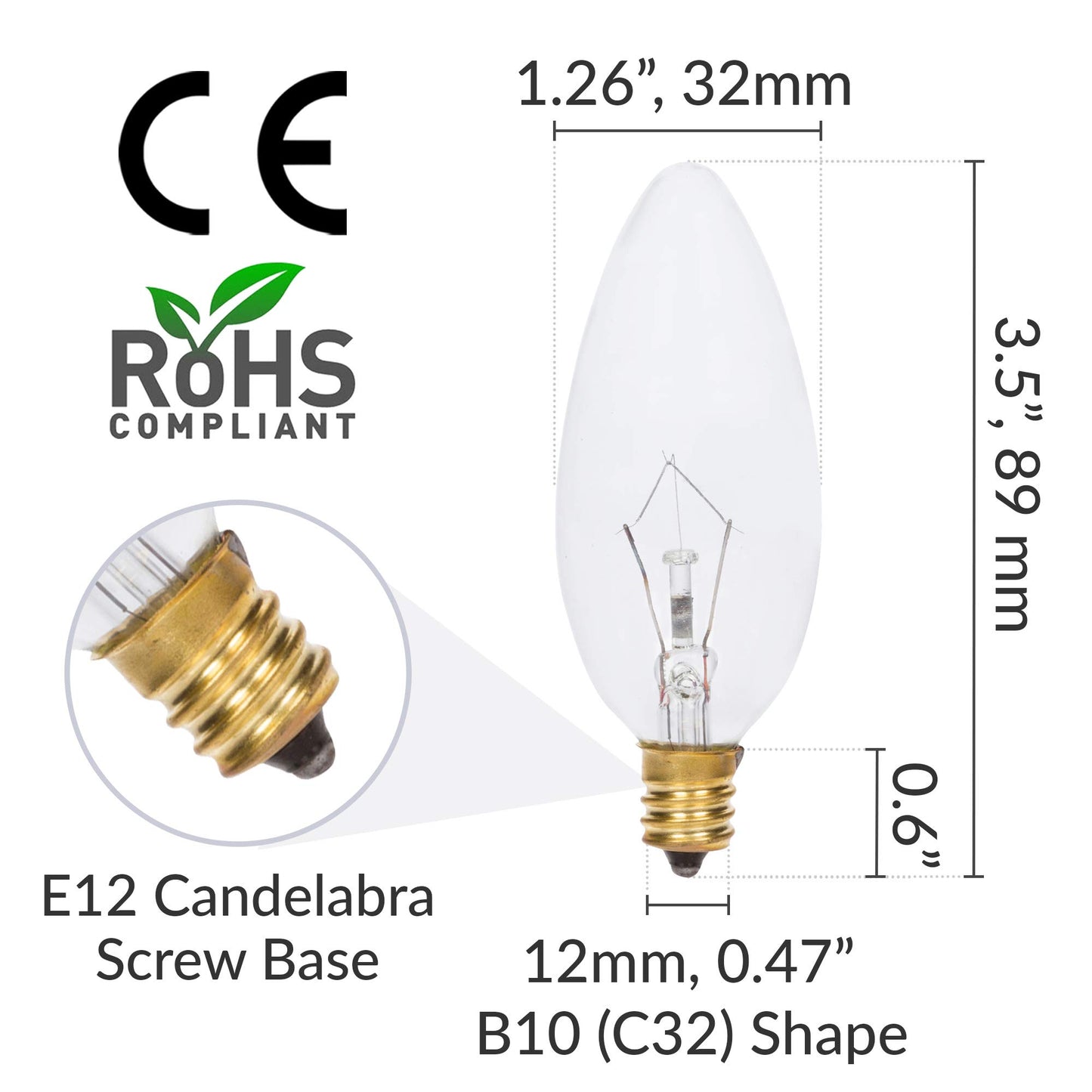 Simba Lighting Candelabra Torpedo Clear B10 CTC 25W E12 Base 120V, 12 Pack