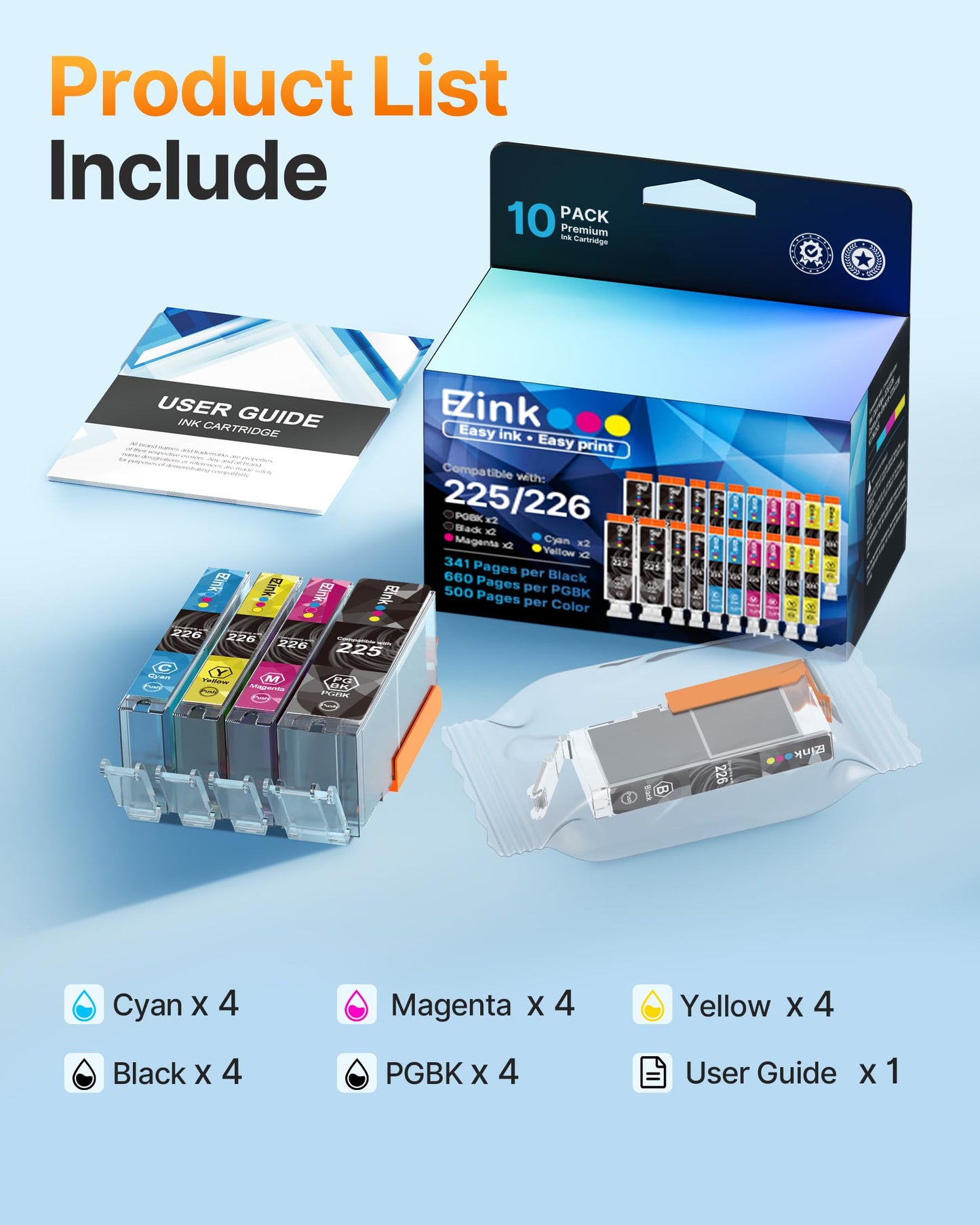 E-Z Ink Compatible Ink Cartridge Replacement for Canon PGI-225 CLI-226 PGI225 CLI226 to use with MG6220 MG6120 MG5320 MX882 MX892 (4 Large Black, 4