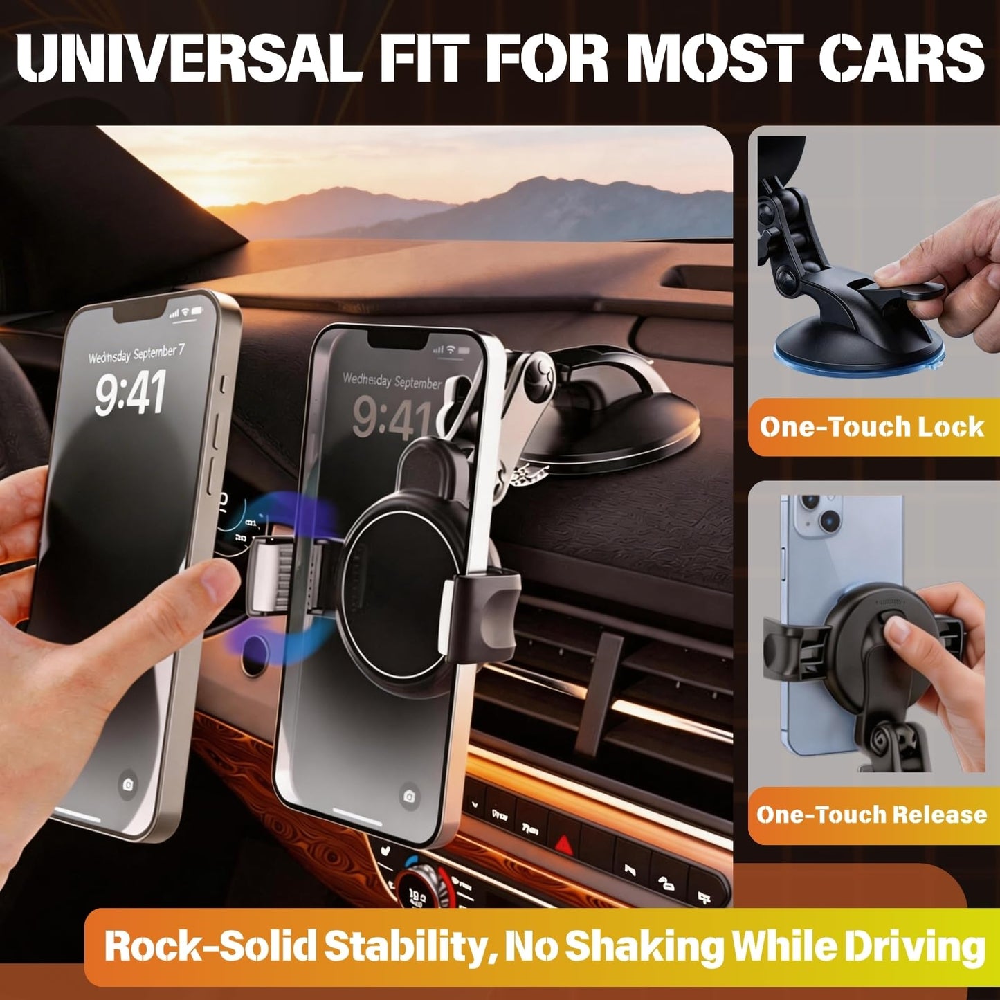 YUHENG Car Phone Holder for Windshield & Dashboard, Lock Suction Cup Phone Mount with 3-Axis 360° Adjustable Arm, Anti-Shake Clamp, Heat Resistant