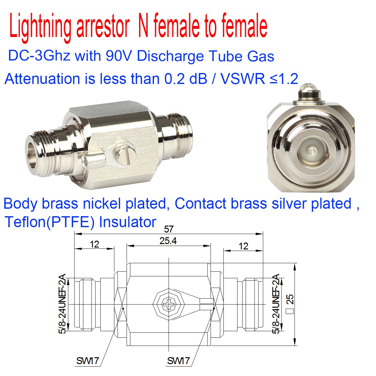 Riotaxy Lightning arrestor N Female to Female 50 Ohm Lightning Surge Protector with 90 V Gas Tube DC-3GHz