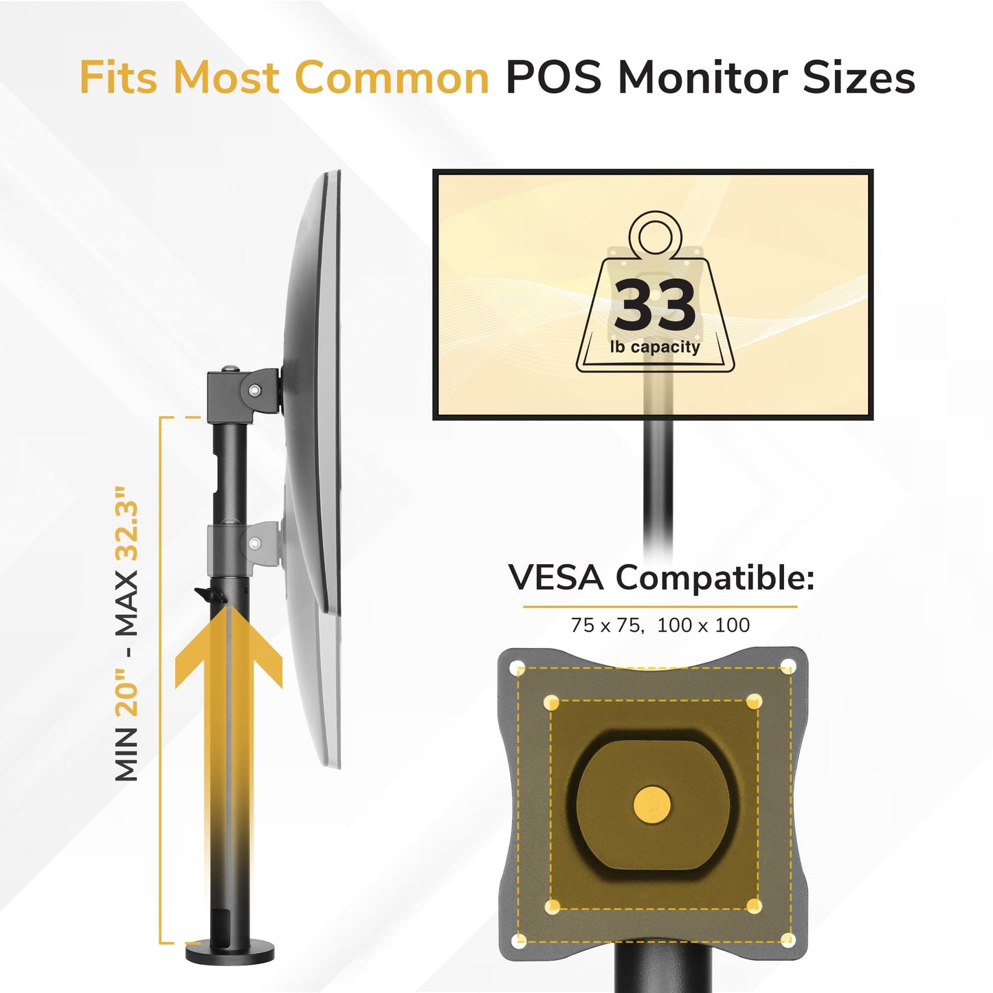 Mount-It! POS Monitor Mount for Retail Checkout & Reception Counters - Extra Tall Height Adjustable Pole with Secure Bolt-Down Base, VESA 75x75