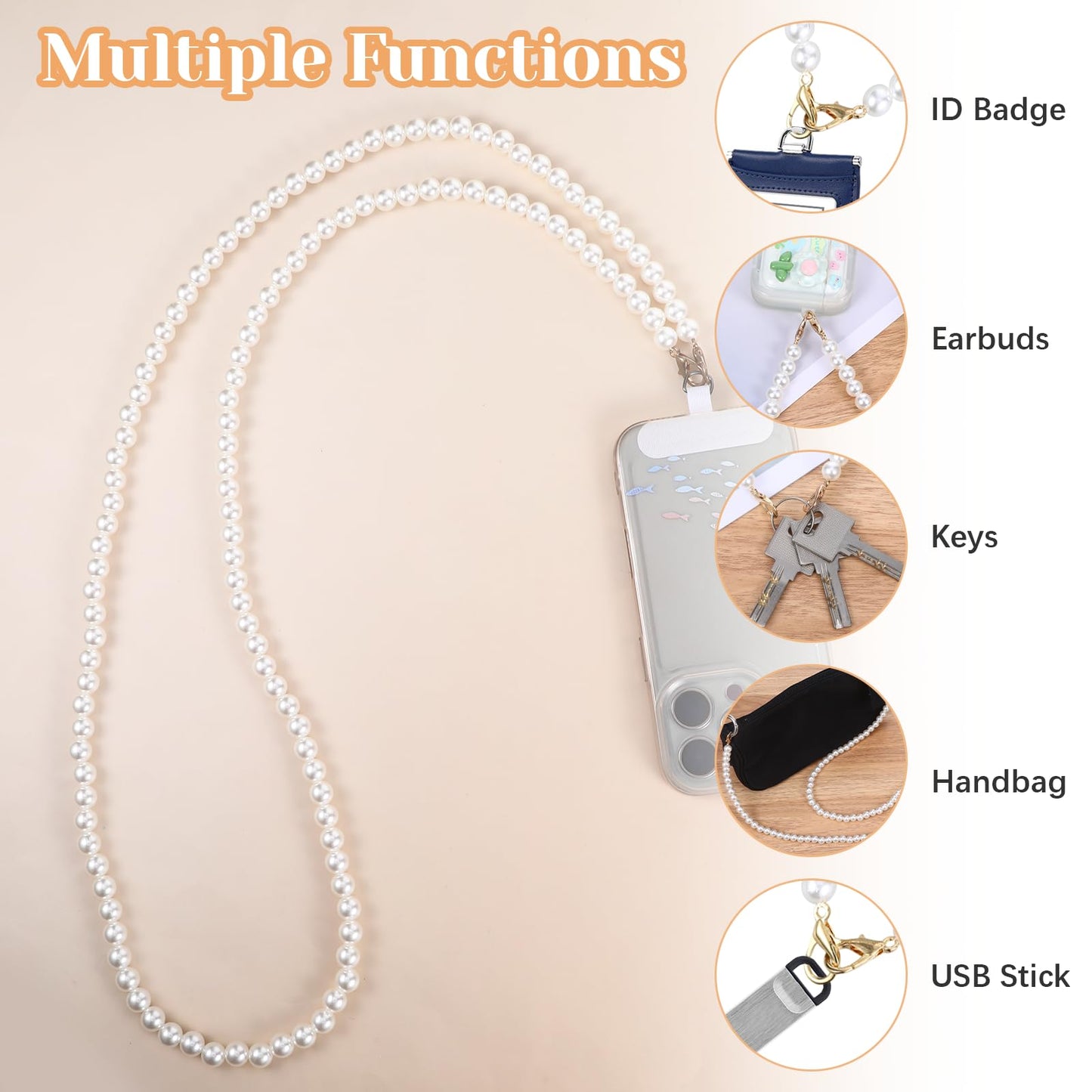 2 Pcs Pearl Phone Lanyard Crossbody, Beaded Pearl Crossbody Phone Strap, Anti-Theft Detachable Pearls Cell Phone Lanyard Wrist Strap, Pearls Phone