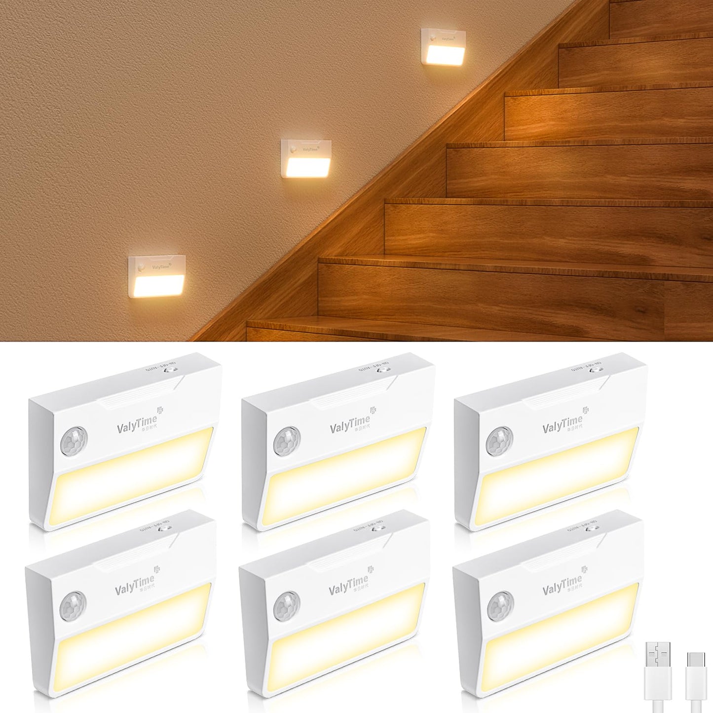 Valytime 6 Pack Large Area LED Step Light, Rechargeable Motion Sensor Stair Lights Indoor, Ultra-Wide Rectangle Wall Washer, Warm White Step Lighting