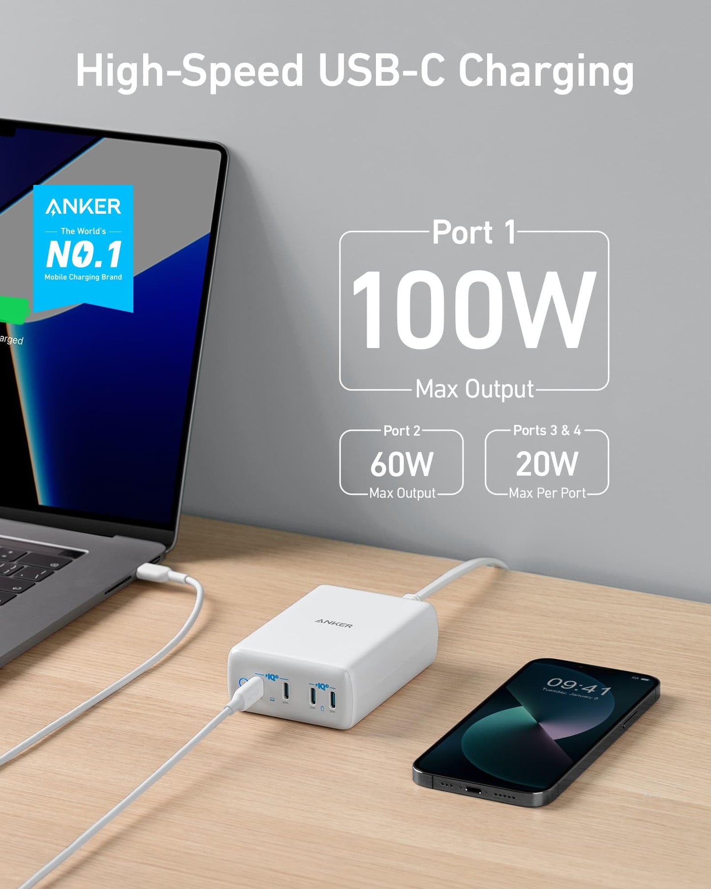 Anker 120W USB C Charger, PowerPort III 4-Port Charging Station for MacBook Pro/Air, Dell XPS 13, ThinkPad, Google Pixelbook, iPhone 17 Series