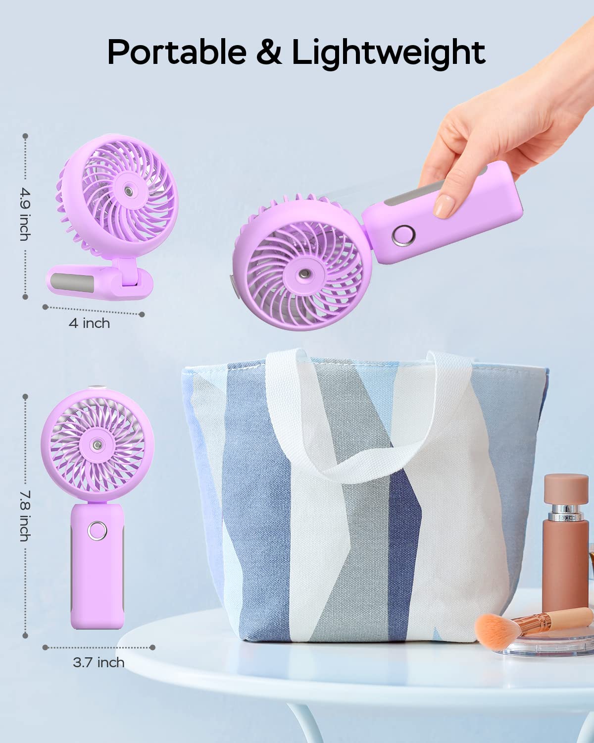 RNKRUN Portable Handheld Misting Fan, USB Rechargeable, Foldable with Water Tank, 3 Speeds, for Travel and Outdoors (purple)