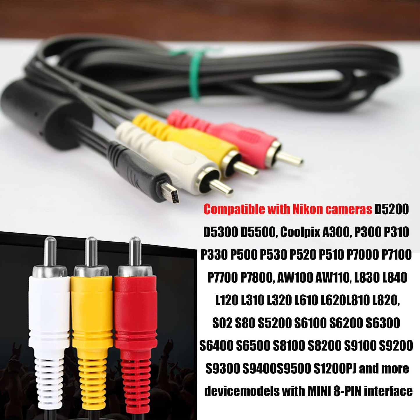 Replacement AV Cord Audio Video TV-Out Cable Mini 8p to 3RCA Cable for Nikon EG-CP16 CoolPix AW100 AW110 L840 L830 L820 L810 S9100 S1200pj D3200 D3300