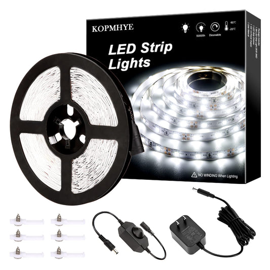 KOPMHYE 5M Dimmable LED Strip Lights Kits, 12V Tape Light, 300 2835 LED, 16.4ft 6000K Daylight White Ribbon with Power Adapter, Light Strips for Under