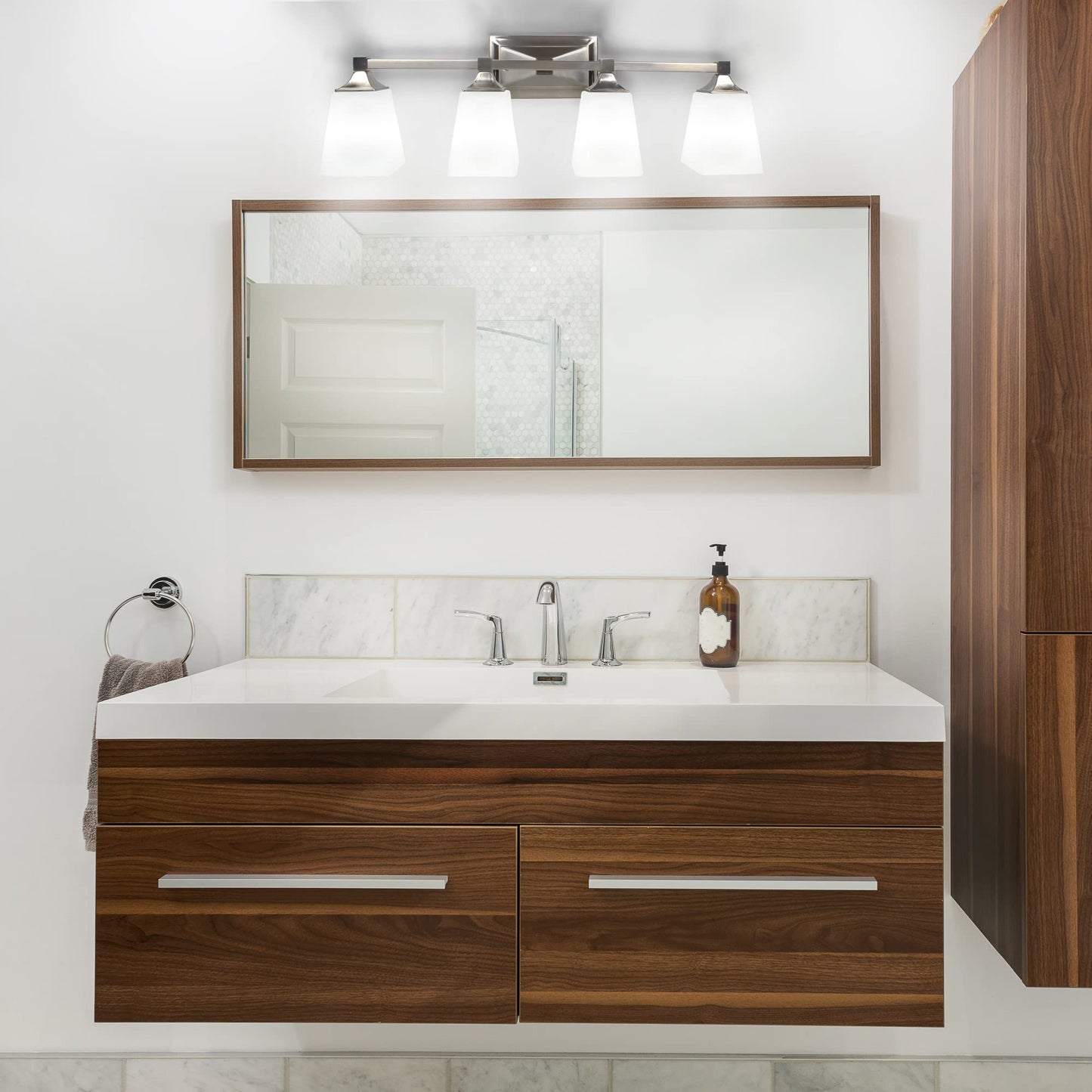 Ultralux 27 inch 4-Lamp Traditional LED White Frosted Glass Sconce Vanity Wall Mount Light Fixture, 560 Lumens 3000K, Brushed Nickel for Kitchen