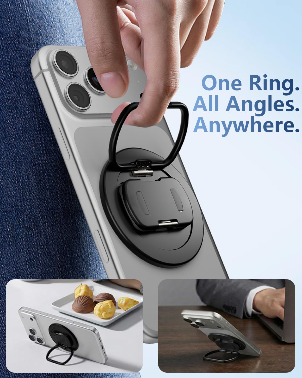 SEMBO Magnetic Phone Ring Holder with Kickstand for MagSafe, Two-Sided Magnet, 360° Rotation Comfortable Flip Out Silicone Plate Finger Grip Gym