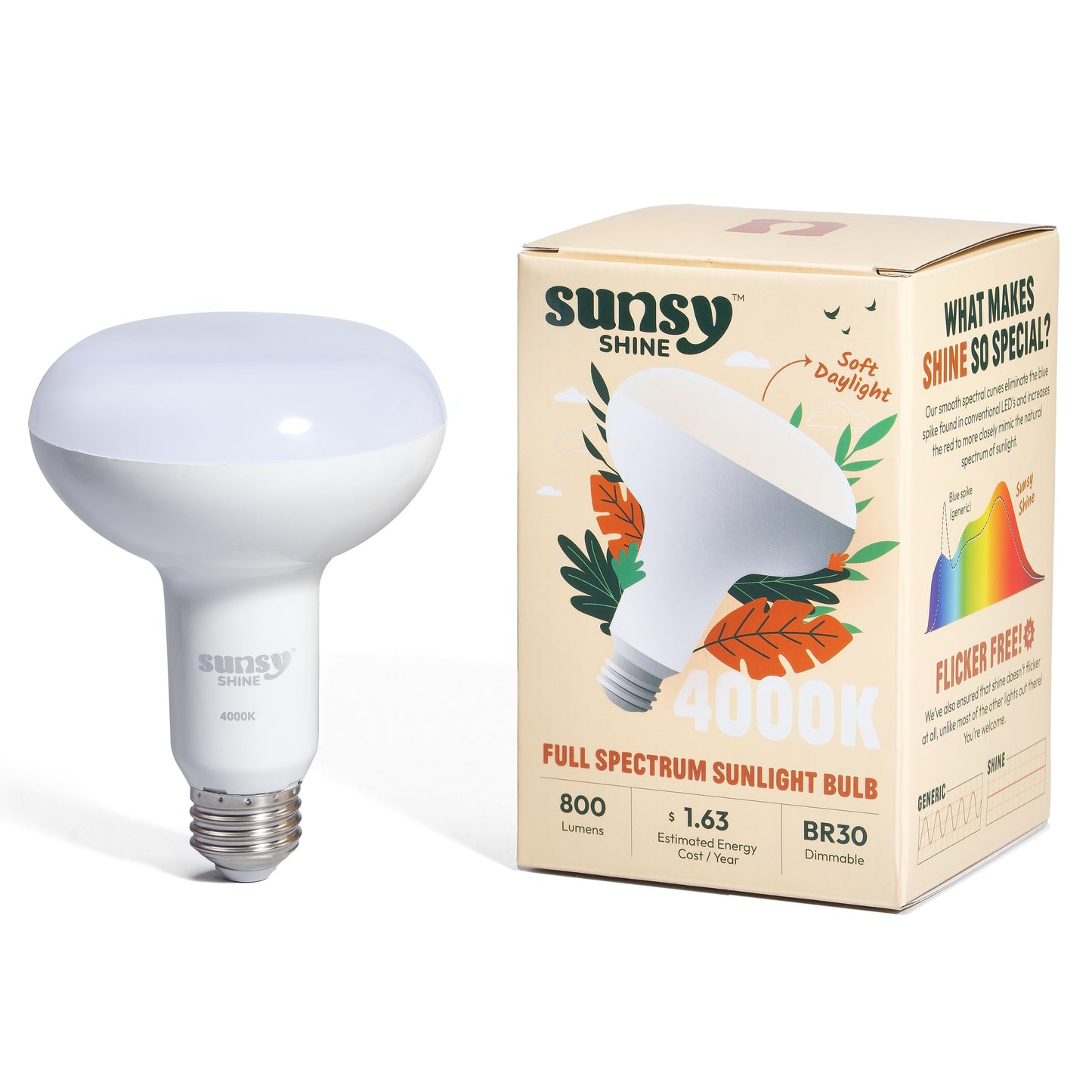 sunsy Shine BR30 Full-Spectrum LED, 4000K Neutral, CRI 97, Flicker-Free