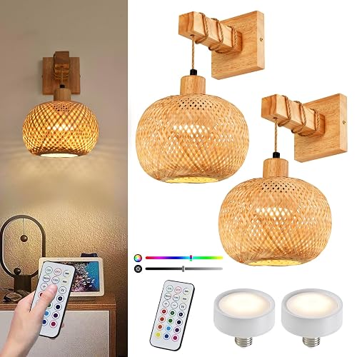 NOVCAND Diameter 7in Boho Battery Operated Wall Sconce Set of Two, Bamboo Cordless Wall Lamp with Remote,Wireless Sconces Set of 2 for Bedroom,Living