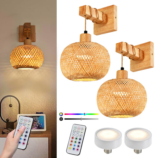NOVCAND Diameter 7in Boho Battery Operated Wall Sconce Set of Two, Bamboo Cordless Wall Lamp with Remote,Wireless Sconces Set of 2 for Bedroom,Living