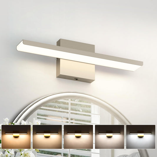 JUSHENG Brushed Nickel Modern LED Vanity Lights for Bathroom Light Fixtures, 16 Inch 16W 5CCT Dimmable Vanity Light Bar Bathroom Lighting, ETL