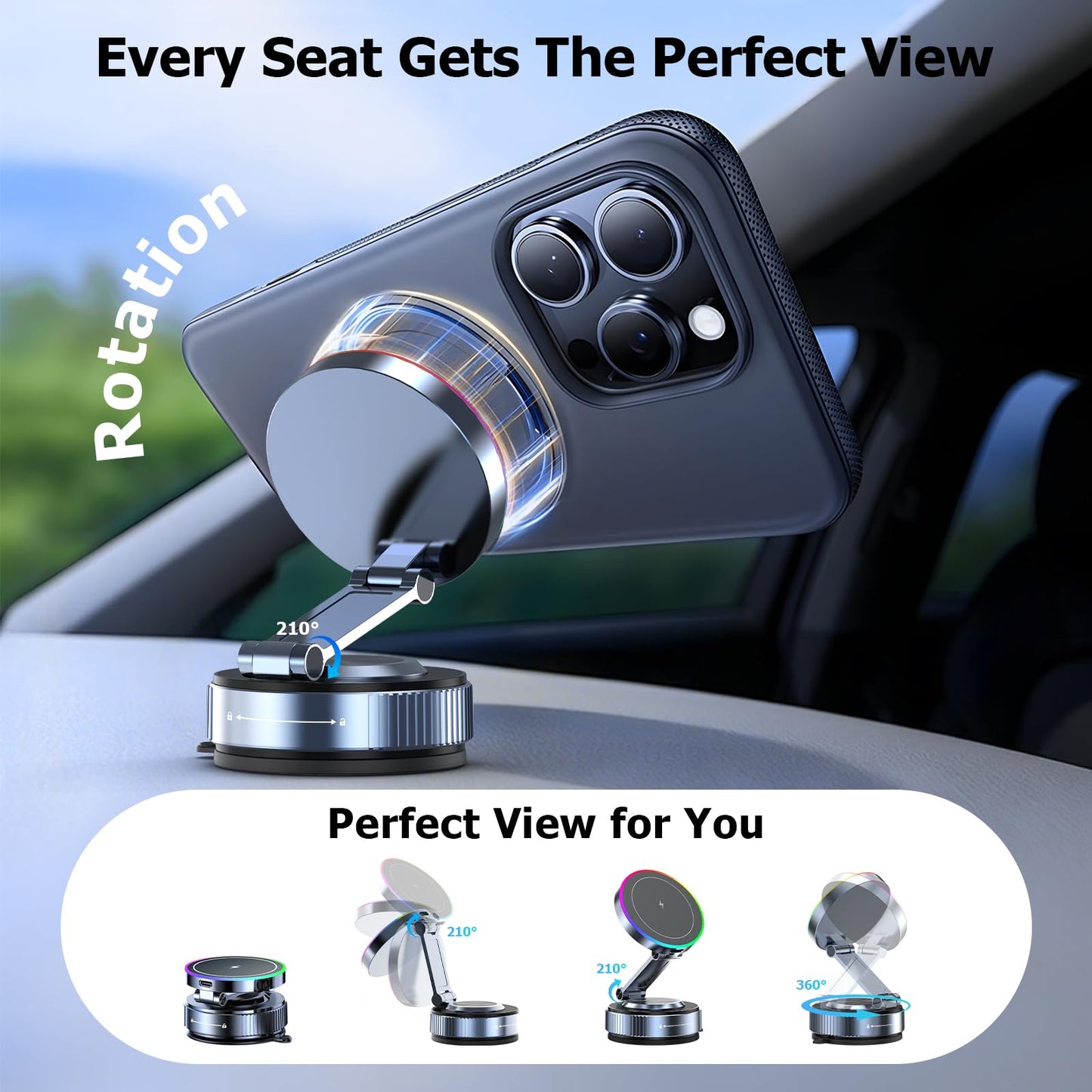 Magsafe Car Mount Charger, 15W Fast Charging Wireless Car Charger, Magsafe Car Mount, 360° Vacuum Magnetic Phone Holder [120LBS Ultra Suction Cup &