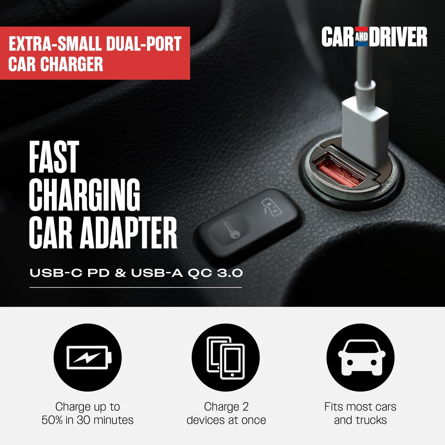 Car and Driver 30W USB-C Fast Car Charger, Dual Port Cigarette Lighter Adapter with USB-C & USB-A Fast Charging for iPhone 17/16/15/14/13, Samsung
