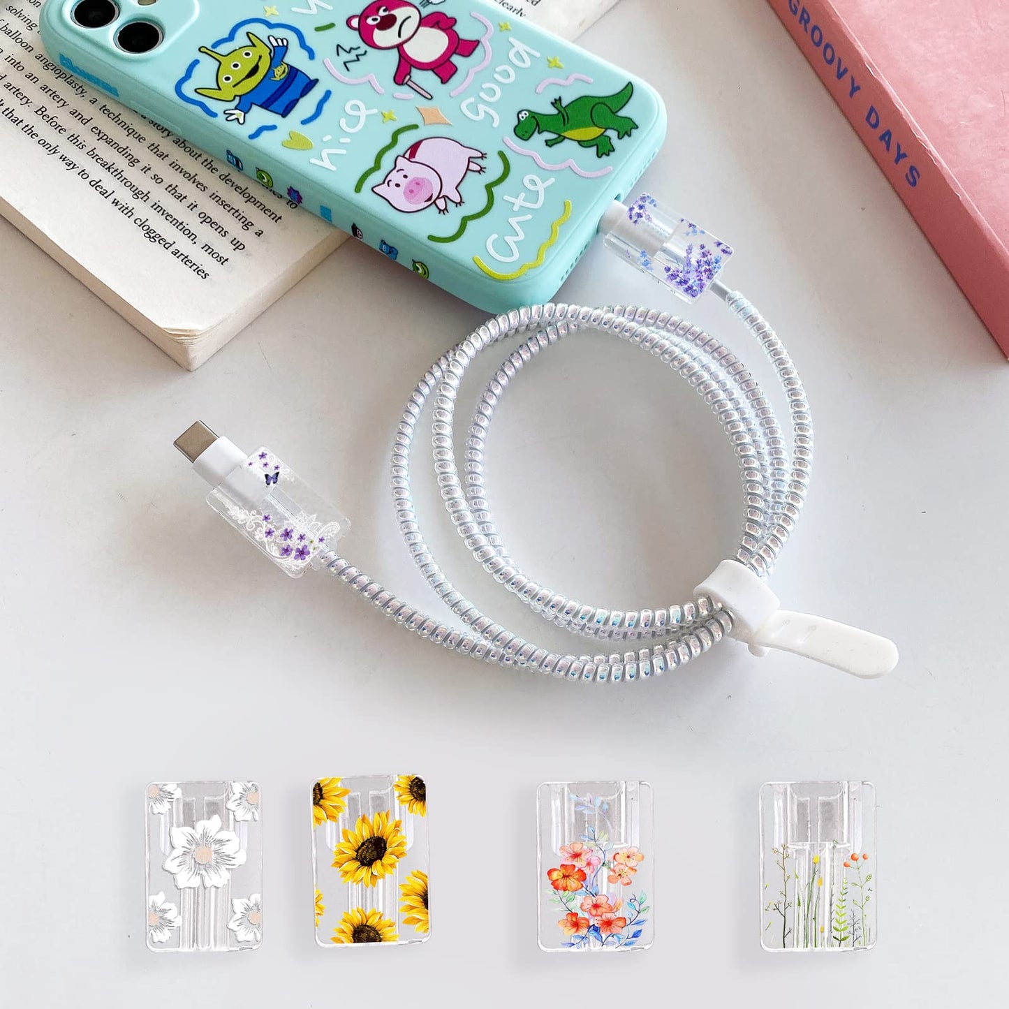 Cute Floral Cable Protector for iPhone Charger Lavender Camellia Sunflower Flower Bouquet Lace Cherry Blossom Pattern 6 pcs Set Cable Protector