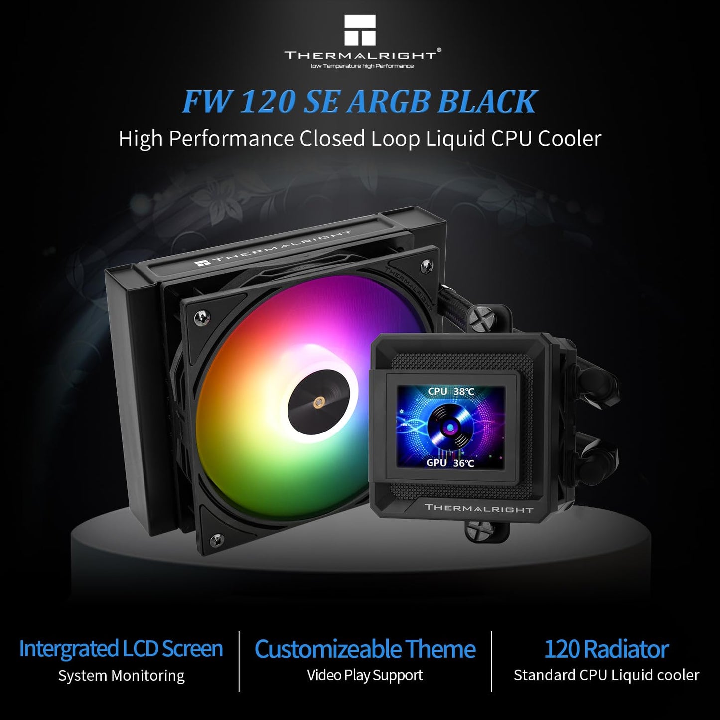 Thermalright FW SE 120 ARGB Black AIO Water Cooler, Liquid CPU Cooler, 2’’ LCD Screen-320x240 Resolution, 2000RPM High Speed,Compatible