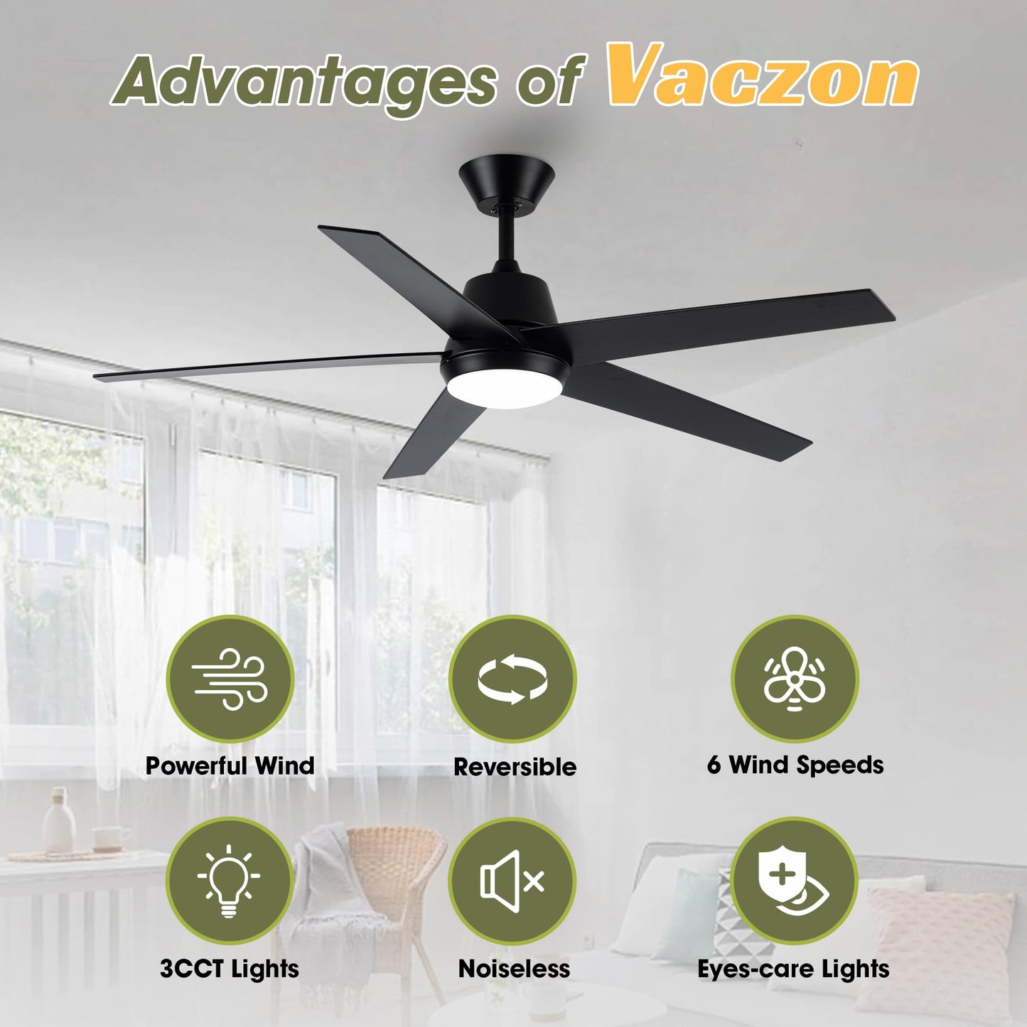 Vaczon 52" Black Ceiling Fan with Light, High Airflow DC Motor, Remote