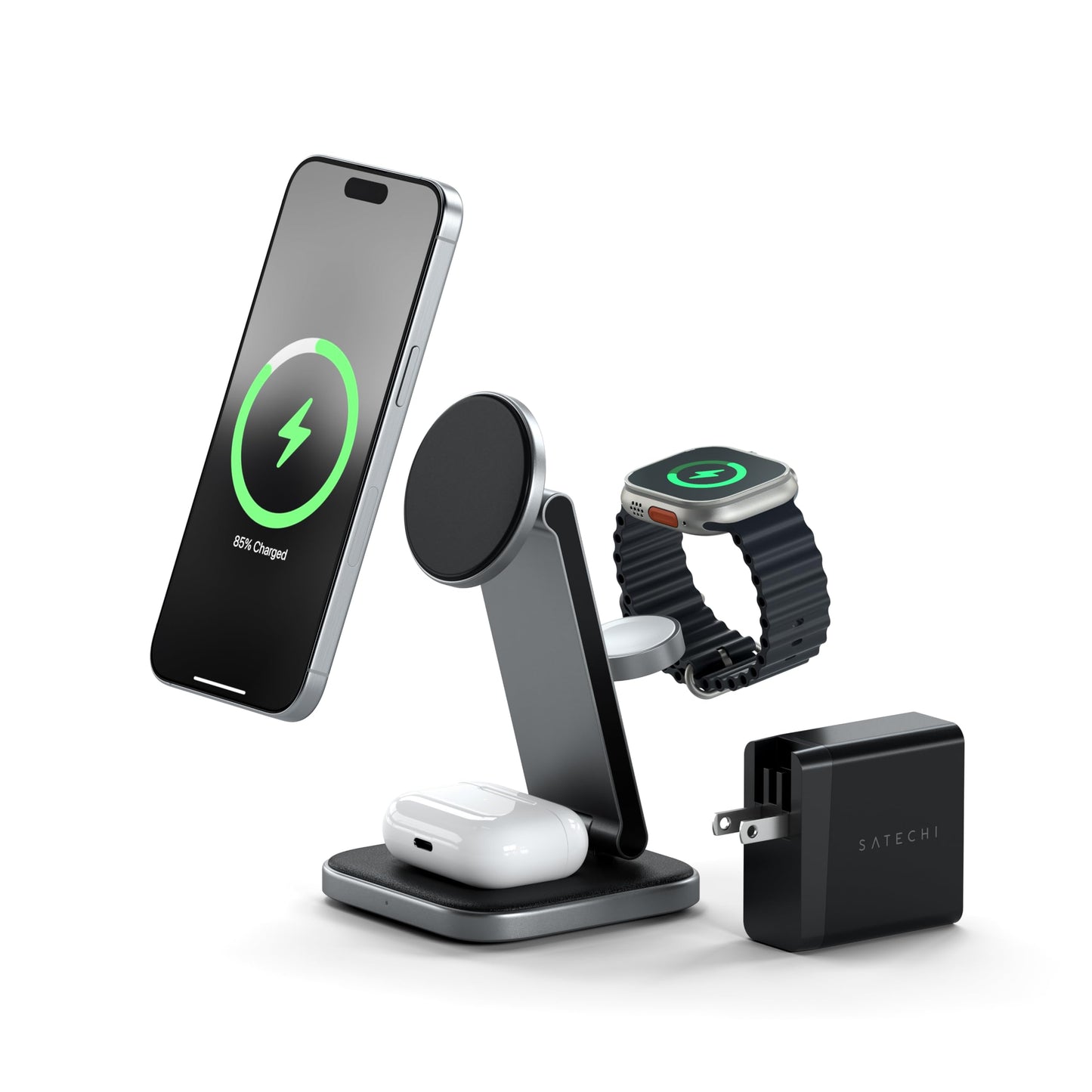 Satechi 3 in 1 Wireless Charging Station for Apple, MagSafe, Qi2 Certified, 15W Magnetic, Foldable Travel Charger Station for iPhone 17 to 12 Series