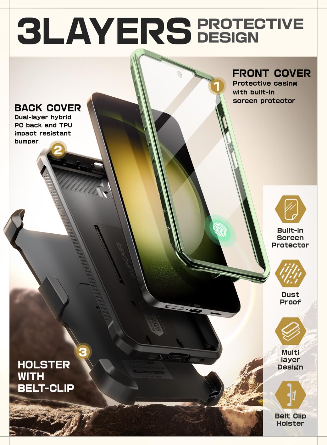 SUPCASE for Samsung Galaxy S24 Case with Stand [2 Front Frames] [Built-in Screen Protector & Belt-Clip] [Military-Grade Protection] Heavy Duty Rugged
