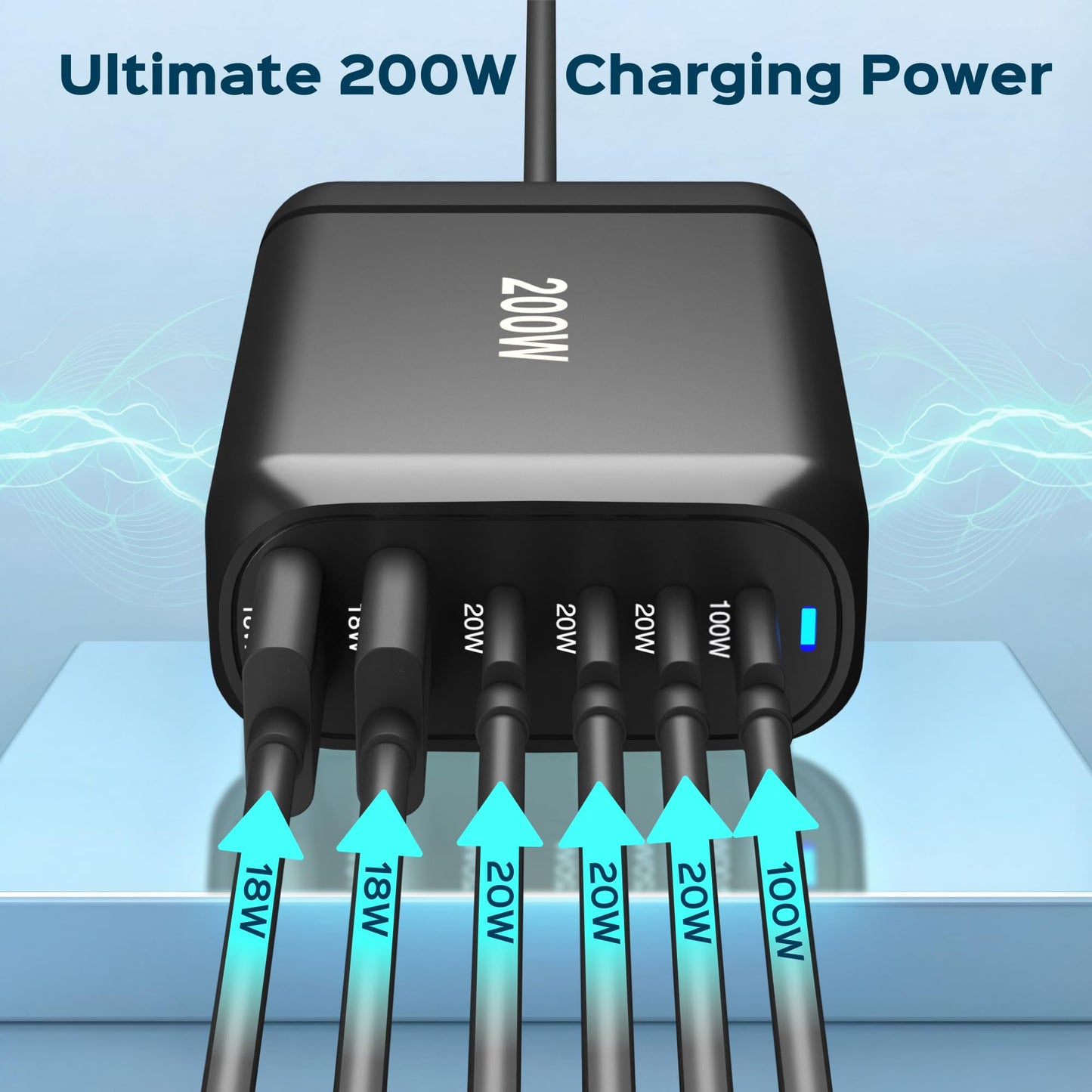 Turonic 200W Charging Station USB-C & USB-A Desktop Charger, 4 USB-C + 2 USB-A Ports, 100W Max USB-C Fast Charging, High-Power Multiport Charging Hub