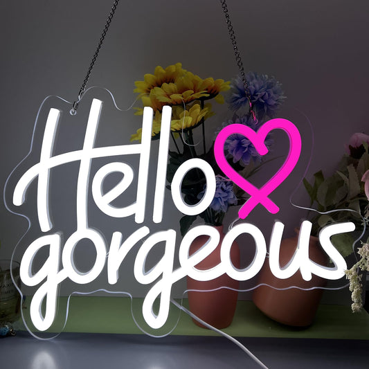 Hello Gorgeous Neon Sign - Neon Light for Bedroom, Bar, Wedding Decor, 5V USB Powered, Dimmable LED Wall Art, Gift(15x10.8inch)