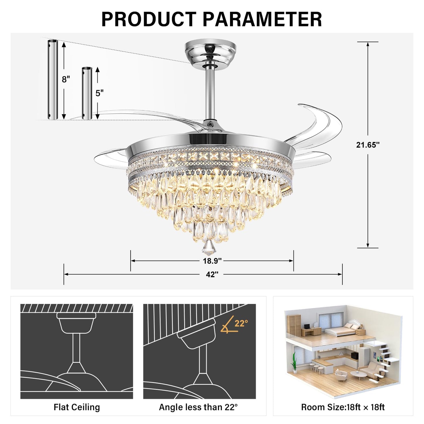 Baotree 42''Fandelier Ceiling Fan with Light and Bluetooth Speaker, Crystal Fandelier Ceiling Fan for Bedroom Living Room, Dimmable LED, Remote