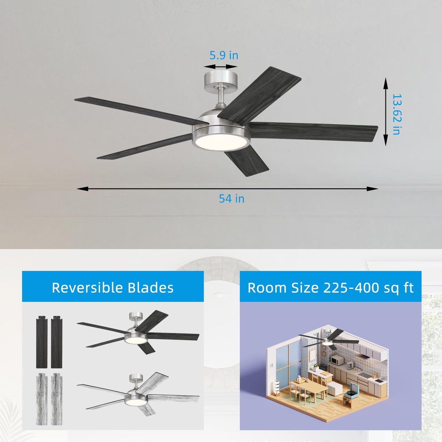 senroyal 54 Inch Ceiling Fan with Light and Remote, Dimmable Modern Farmhouse Ceiling Fan for Living Room, Dining Room, 3 Speed, Reversible Motor