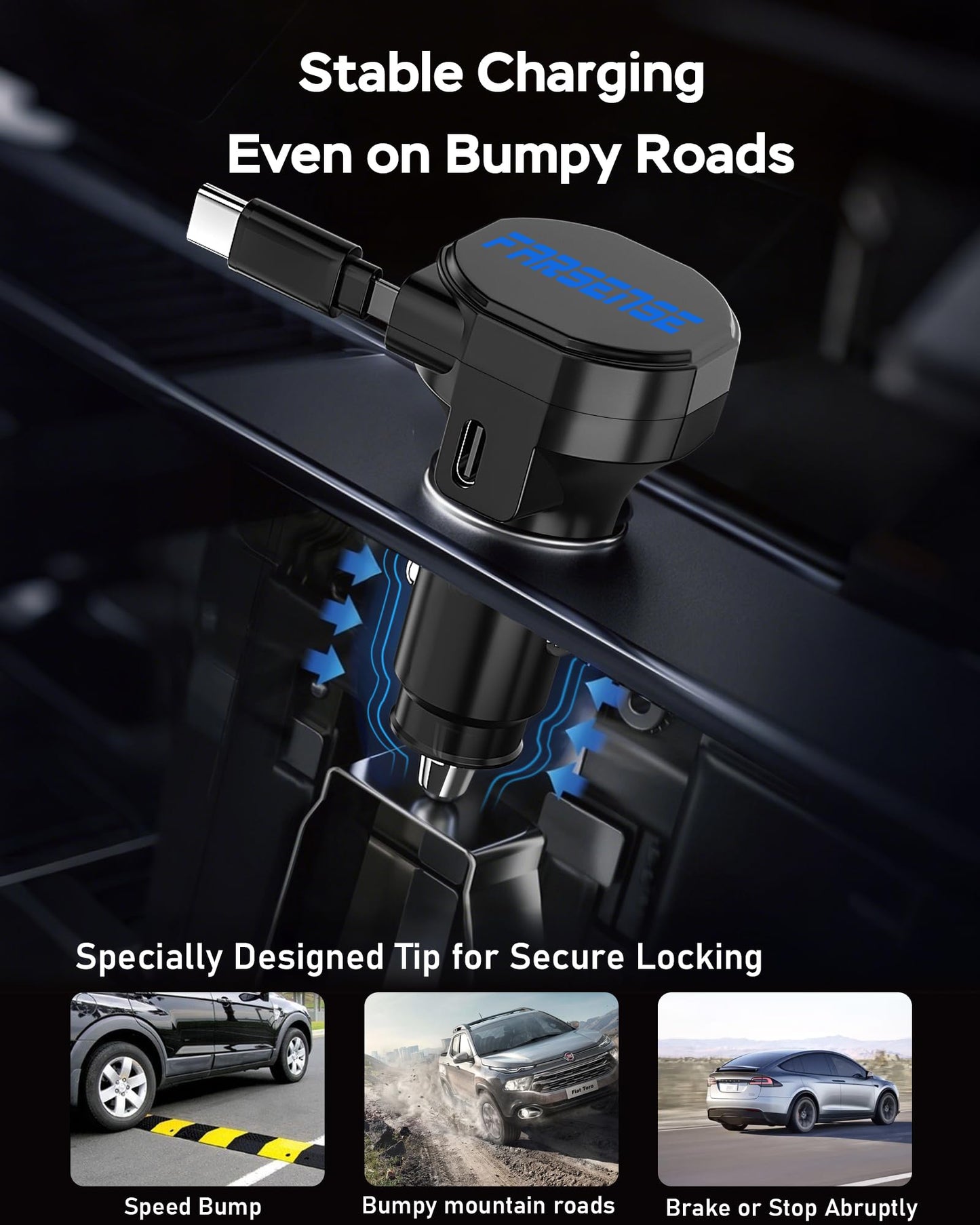 FARSENSE USB-C Car Charger, 45W 2-in-1 PD Fast Charger with Retractable Cable, Universal Car Adapter for iPhone 17/16 Series, MacBook Pro/Air, iPad
