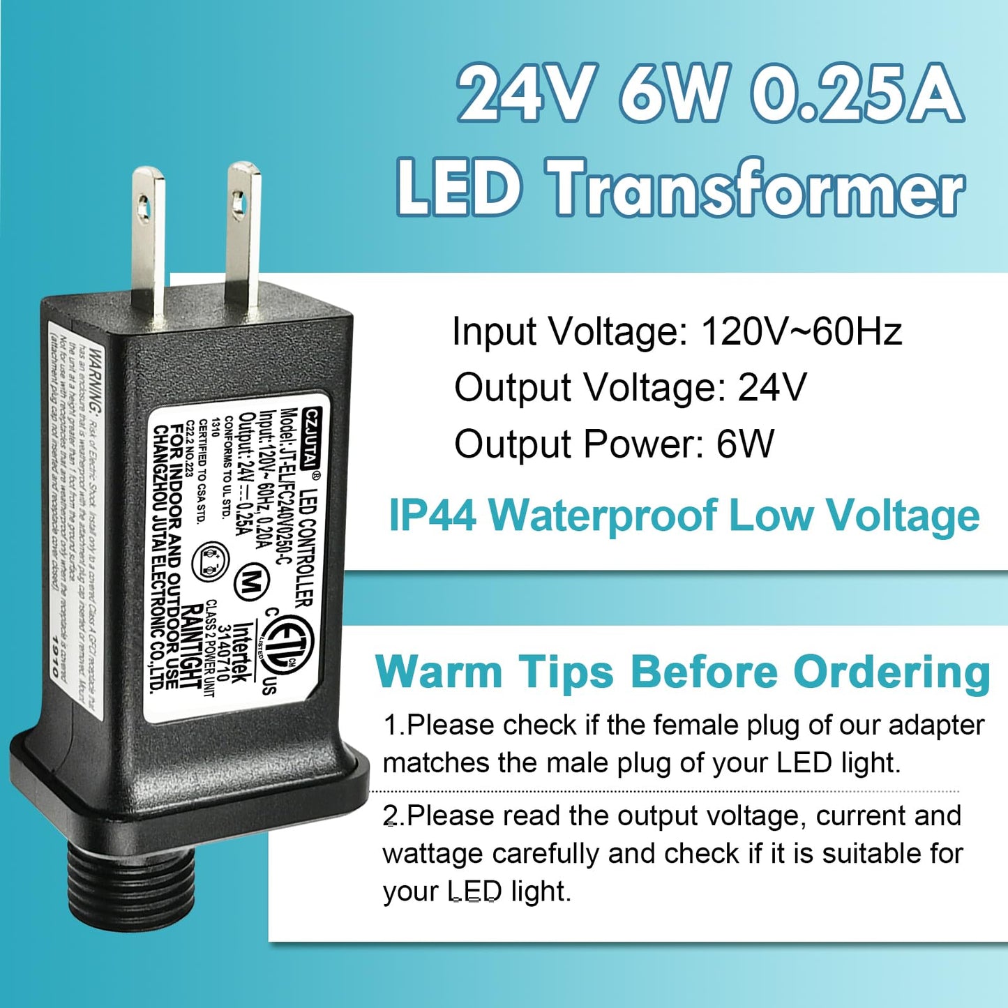 CZJUTAI JT-EL/FC240V0250 Premium 24V 0.25A 6W 8 Modes LED Power Supply with Multifunction Button- Class 2 Transformer, IP44 Waterproof, for Christmas