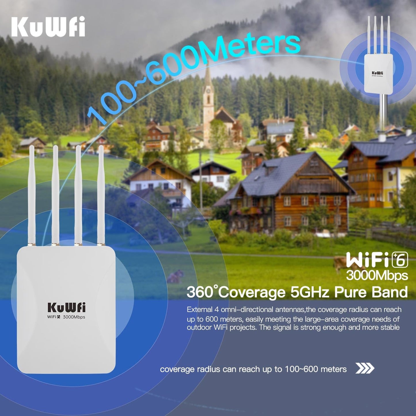 KuWFi 2.5Gbps AX3000 Outdoor WiFi 6 Extender, Long Range Outdoor WiFi Extender Signal Booster, IP65 Weatherproof Outdoor Wireless Access