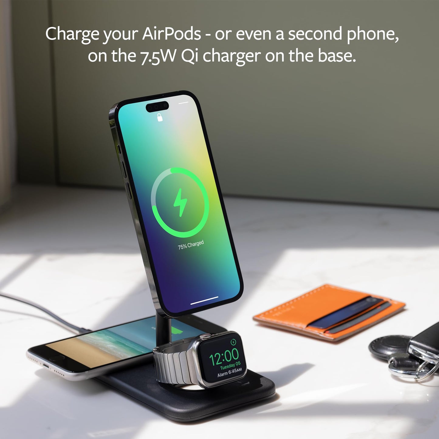 Twelve South HiRise 3 Deluxe, Compact Luxury Wireless Magsafe Charging Stand for iPhone, AirPods and Apple Watch - Includes US Power Supply with 5