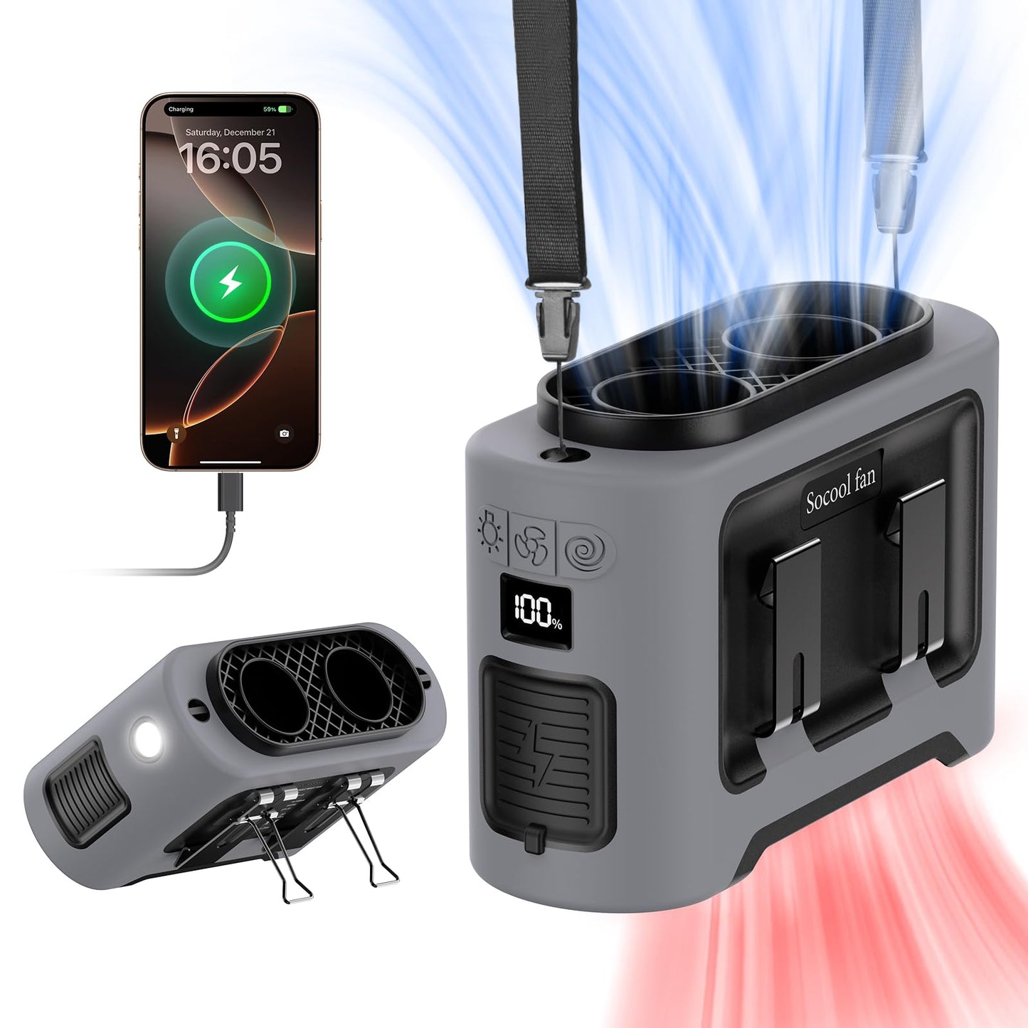 Socool 14500mAh Portable Waist Fan Clip On Wearable Belt Shirt Fan 5 Speeds with Dual Air Outlet & Flashlight Personal Hanging Neck Fans Battery
