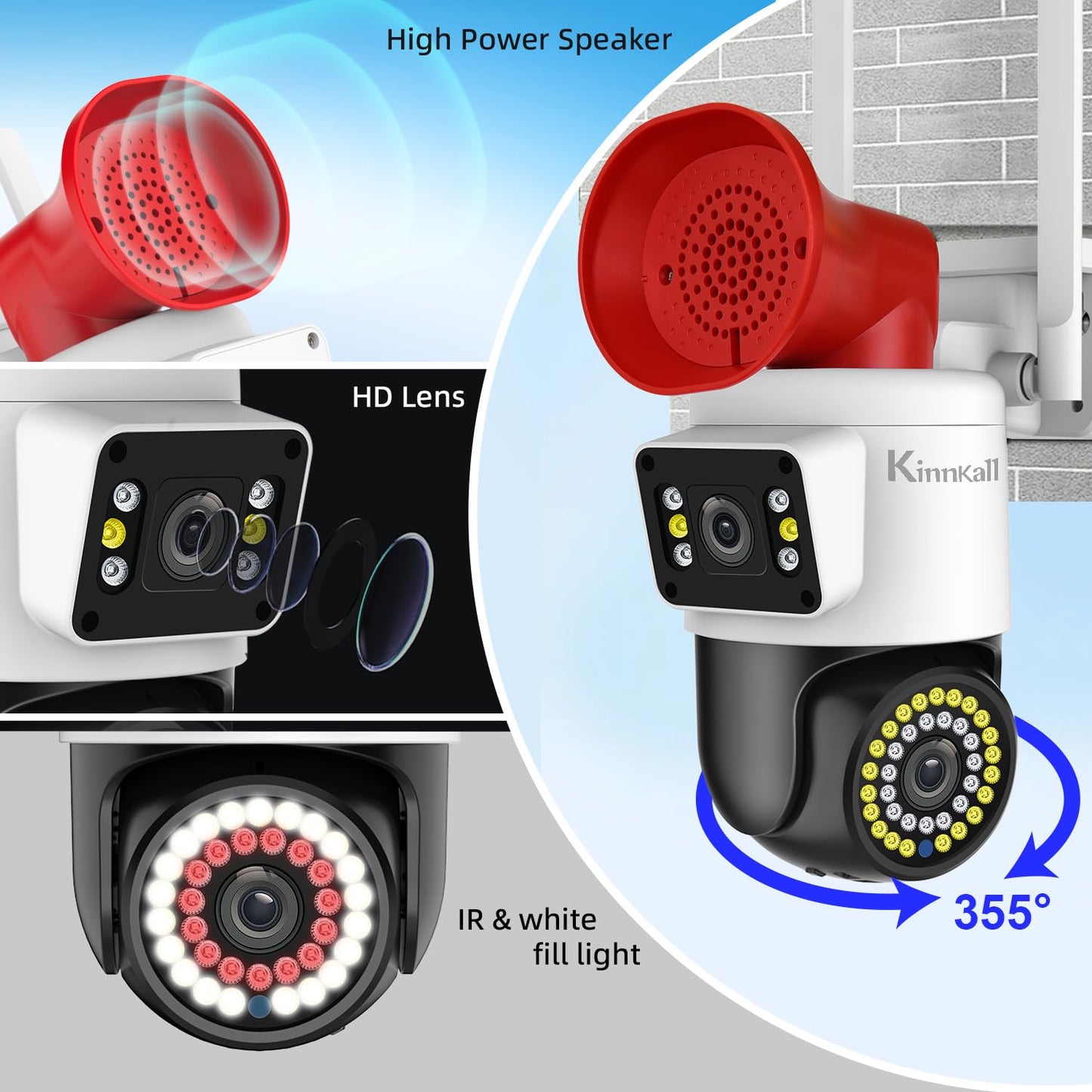 Kinnkall 4MP Dual Lens Outdoor Security Camera with Night Vision & Floodlight, 355° Pan/Tilt Motion Tracking, 2.4GHz WiFi, SD/Cloud Storage, IP66