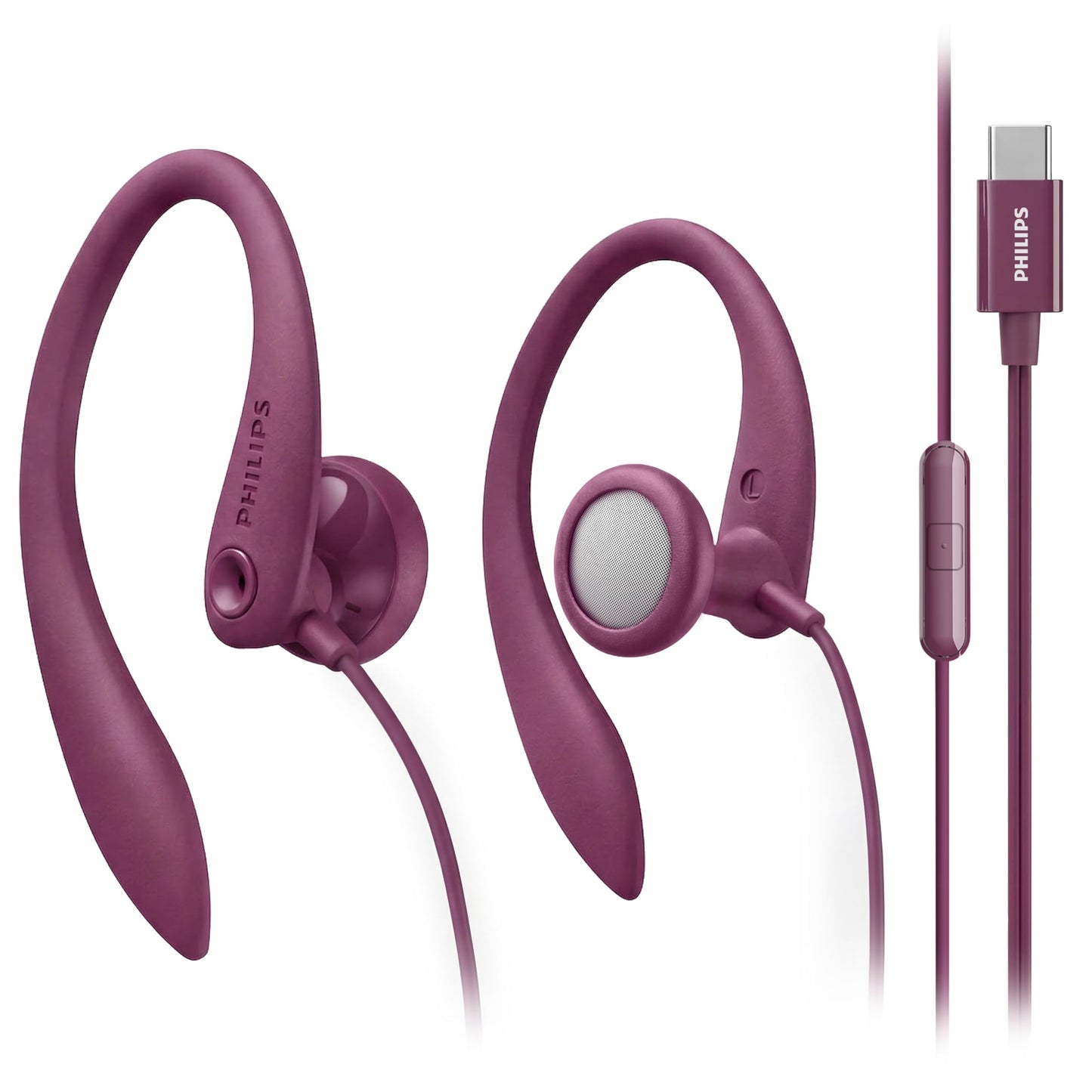 PHILIPS USB-C Wired Earbuds with Microphone & in-Line Control, Over Ear Earhook, Compatible with iPhone 15 & 16, Samsung, Android Type-C Phones