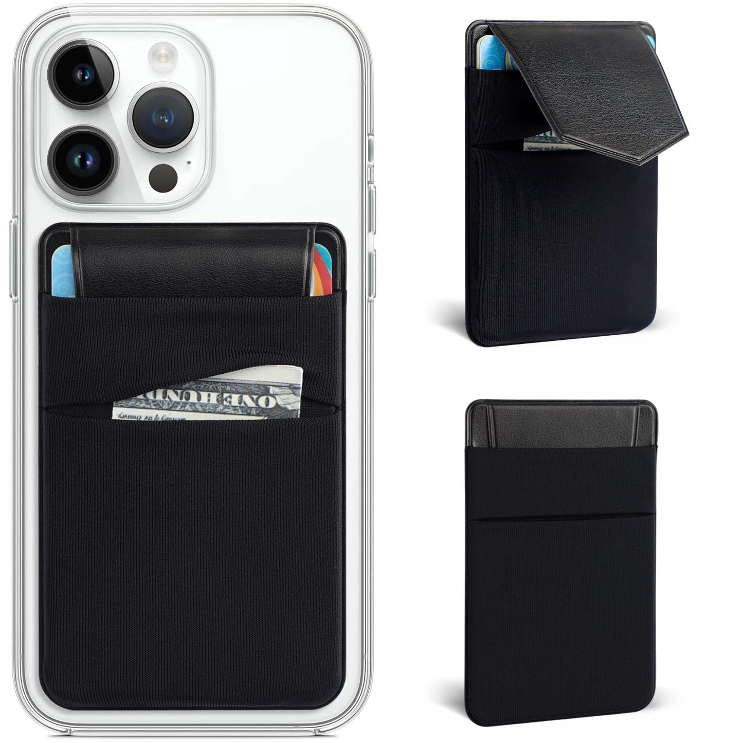 Phone Card Holder,2Pack Phone Wallet Stick on Credit Card Holder for Phone Case Stretchy Double Pocket with Flap,Adhesive Sticker for Back of Phone