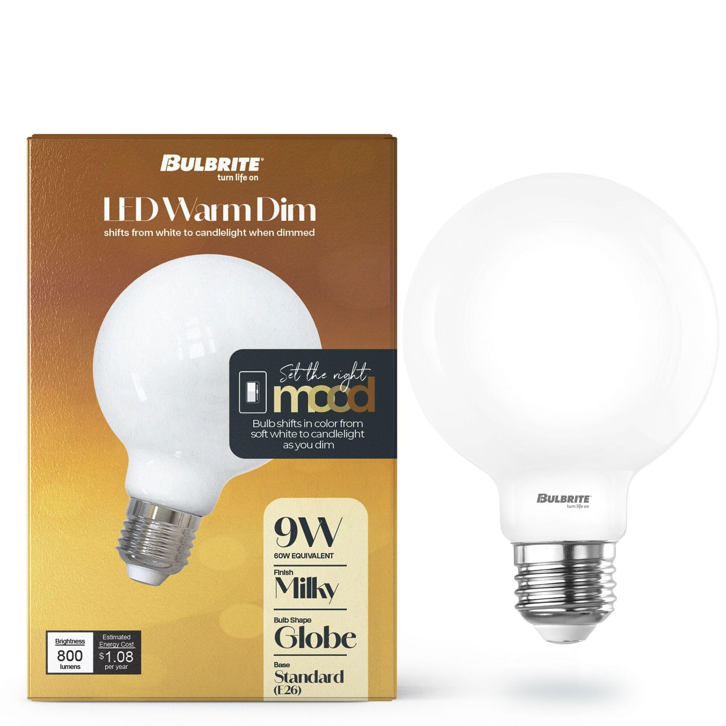 Bulbrite 9 Watt LED G25 Light Bulbs, Warm Dimming 3000K (Soft White) - 1800K (Candlelight), 800 Lumens