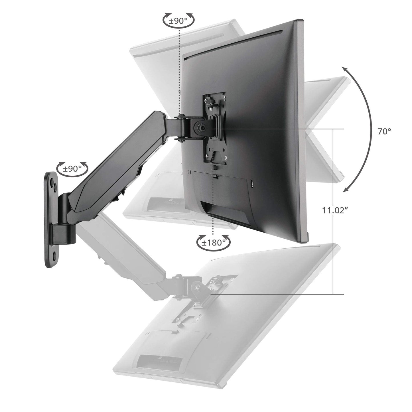 SIIG Aluminum Gas Spring Full Motion Ergonomic Single Arm Monitor Wall Mount - Heavy Duty Holds 17" to 32" Screen, up to 19.8 lbs - Single VESA