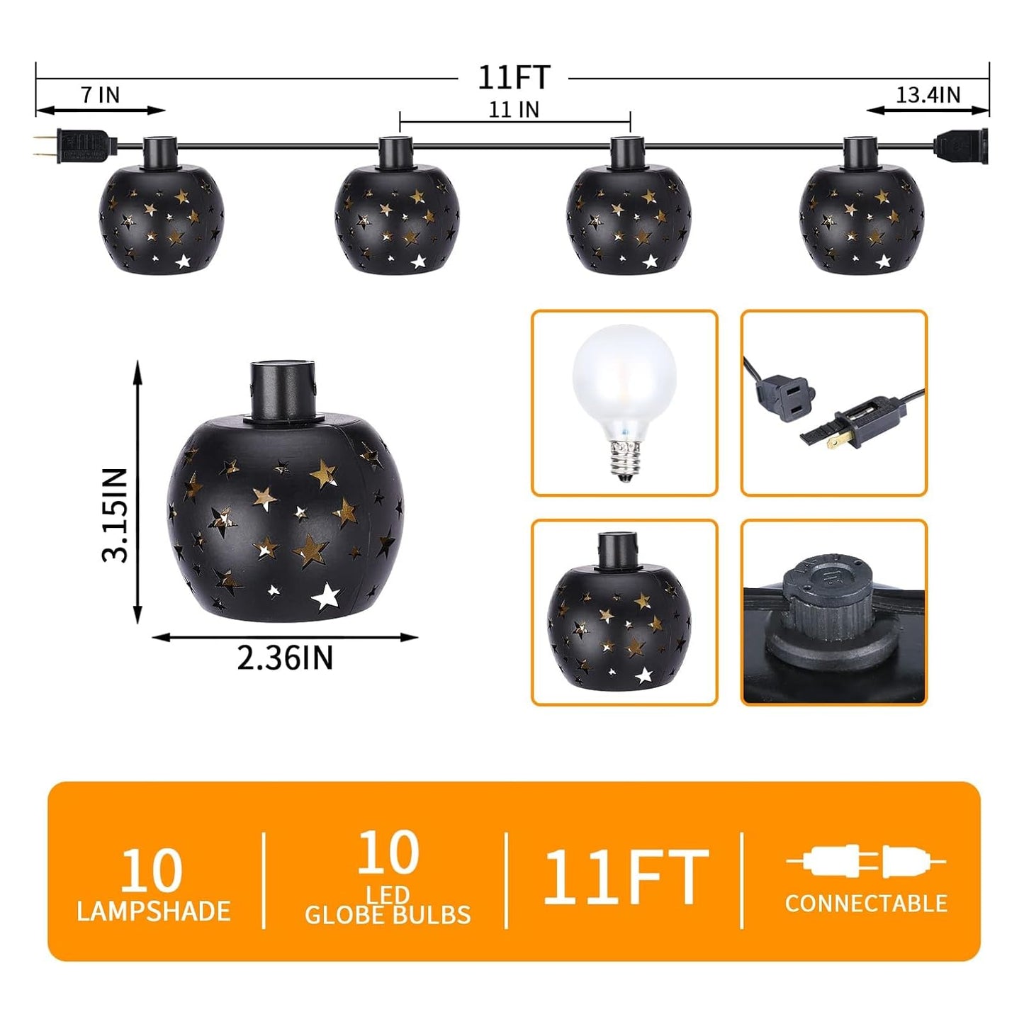 Vigdur Lantern String Lights, Star String Lights Plug in with 10 Clear G40 Bulbs and Star Plastic Lamp Shades, Connectable Moroccan Decoration Light