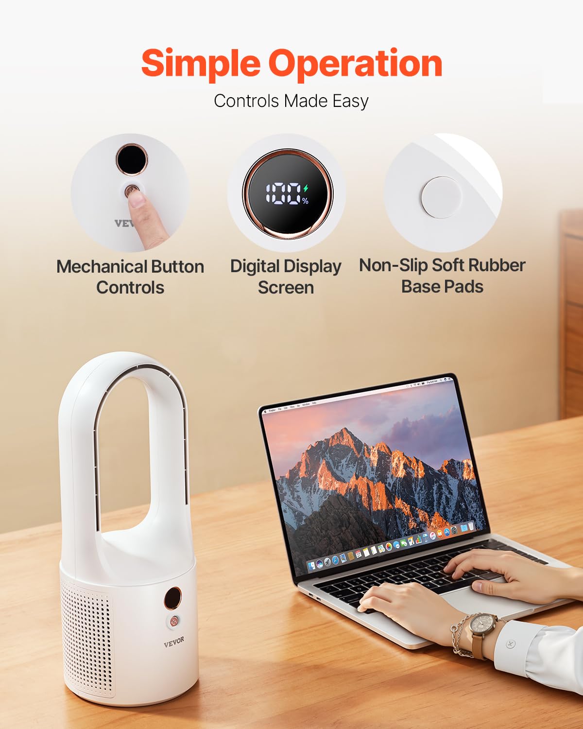 VEVOR Desk Fan Bladeless, 12.99 Inch Portable Desk Fan, 6-Speed USB Quiet Cooling Small Tower Fan with Rechargeable Battery, Easy to Clean
