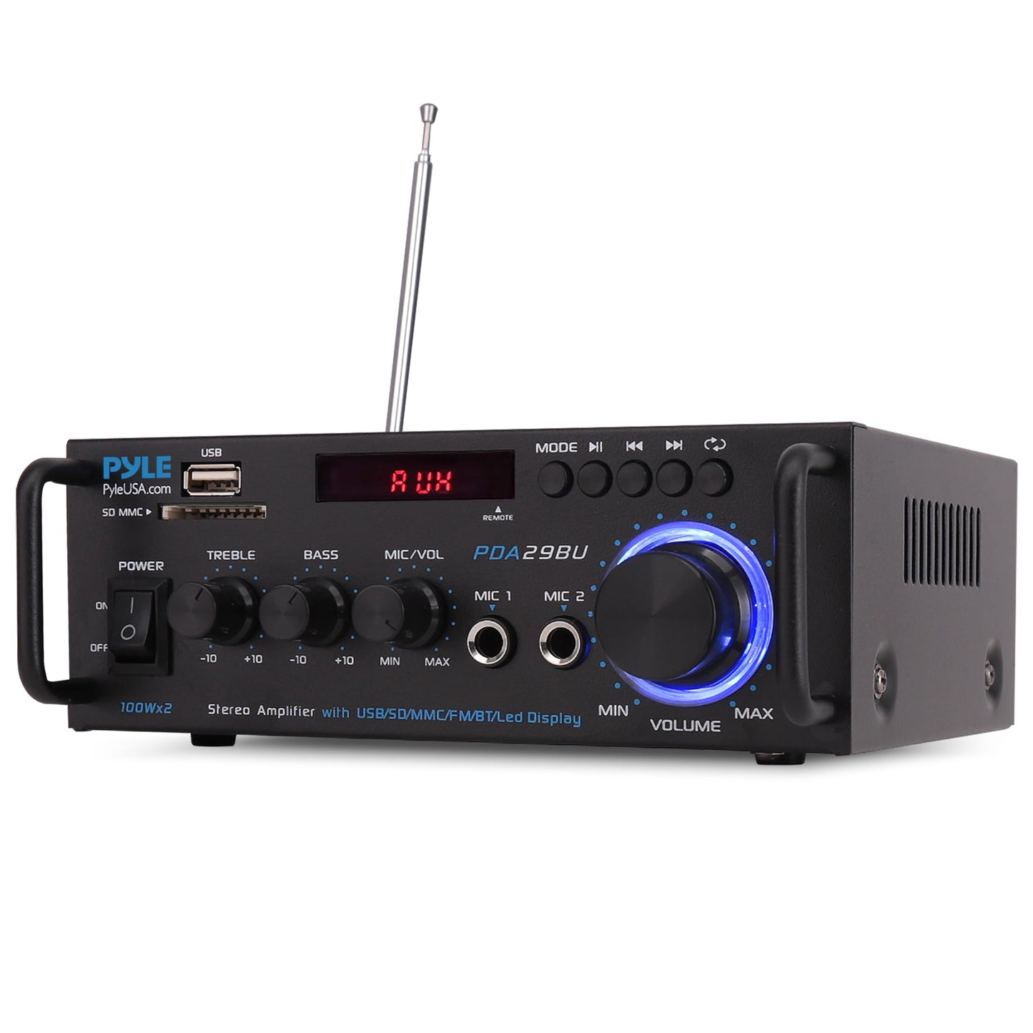 Pyle 200W Bluetooth Compact Power Amplifier - Wireless 2 Channel Audio Receiver with Dual Karaoke Mic Input - RCA - USB-A + SD Card MP3 Player - FM