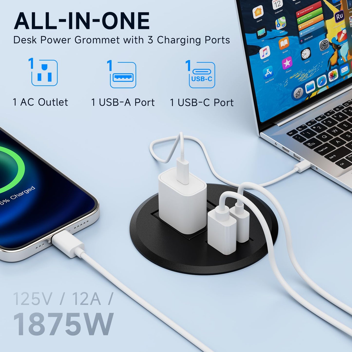 ZHANGONG Desk Power Grommet Outlet, Recessed Power Outlet with 20W USB-C Fast Charging, 2.76 inch for Conference Rooms, Office Tables, Furniture