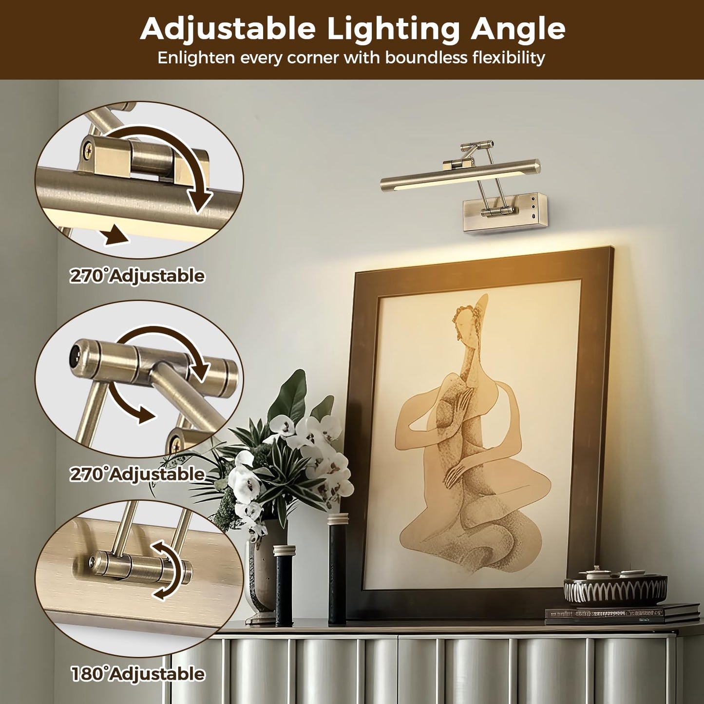 Joossnwell Battery Operated Picture Light for Painting, Wireless Art Lighting Antique Bronze Dimmable,Rechargeable Picture Frame Light for Wall