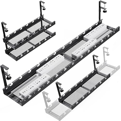 WIGAKDRU 31Inch Extendable Under Desk Cable Management Tray Multi-Model Metal Cable Management Tray Under Desk Cord Management with Clamp Power Strip